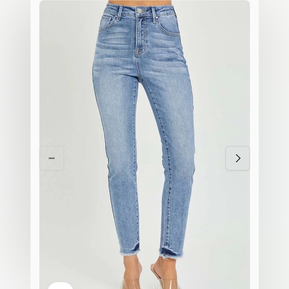 high rise skinny jeans with frayed hem by Risen 5/27
